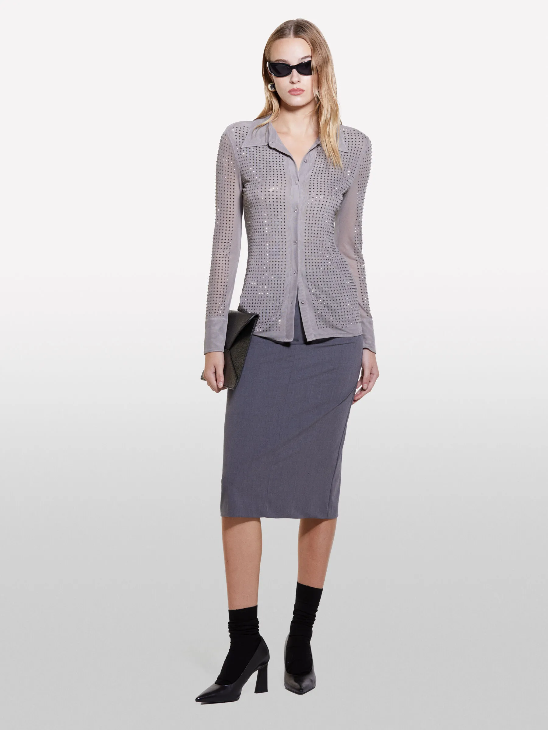 Hemdbluse in Tüll mit Strass, Hellgrau 